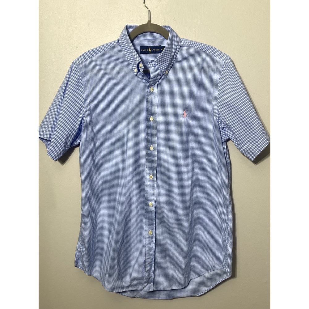 Ralph Lauren Shirt Men's Medium Blue & White Gingham Seersucker Short Sleeve